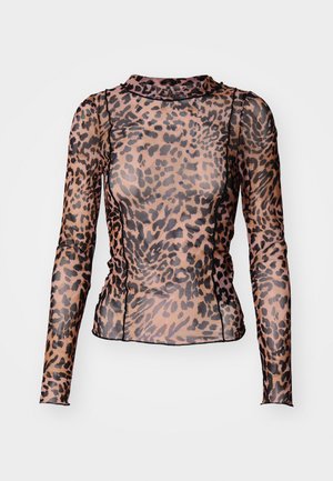 Long-sleeve top made of sheer material featuring a leopard print pattern in brown and black with a high neckline and fitted design.