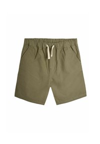 Shorts kaki en tissu léger, dotés d'une taille élastique avec cordon de serrage, de poches latérales et d'une coupe décontractée.