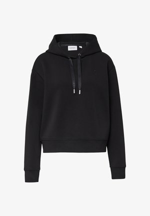 Schwarzer Kapuzenpullover aus weichem Stoff mit cropped Design, Kordelzug am Kragen und gerippten Bündchen und Saum. Dezentes Logodetail.