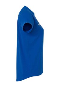 Blauwe katoenen T-shirt met ronde hals, korte mouwen en een effen voorkant. Heeft een naadloos schouderontwerp en een rechte snit.