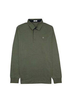 Polo à manches longues en vert olive, fabriqué en tissu texturé. Il présente un col, une patte de boutonnage à trois boutons et un petit logo brodé sur la poitrine.