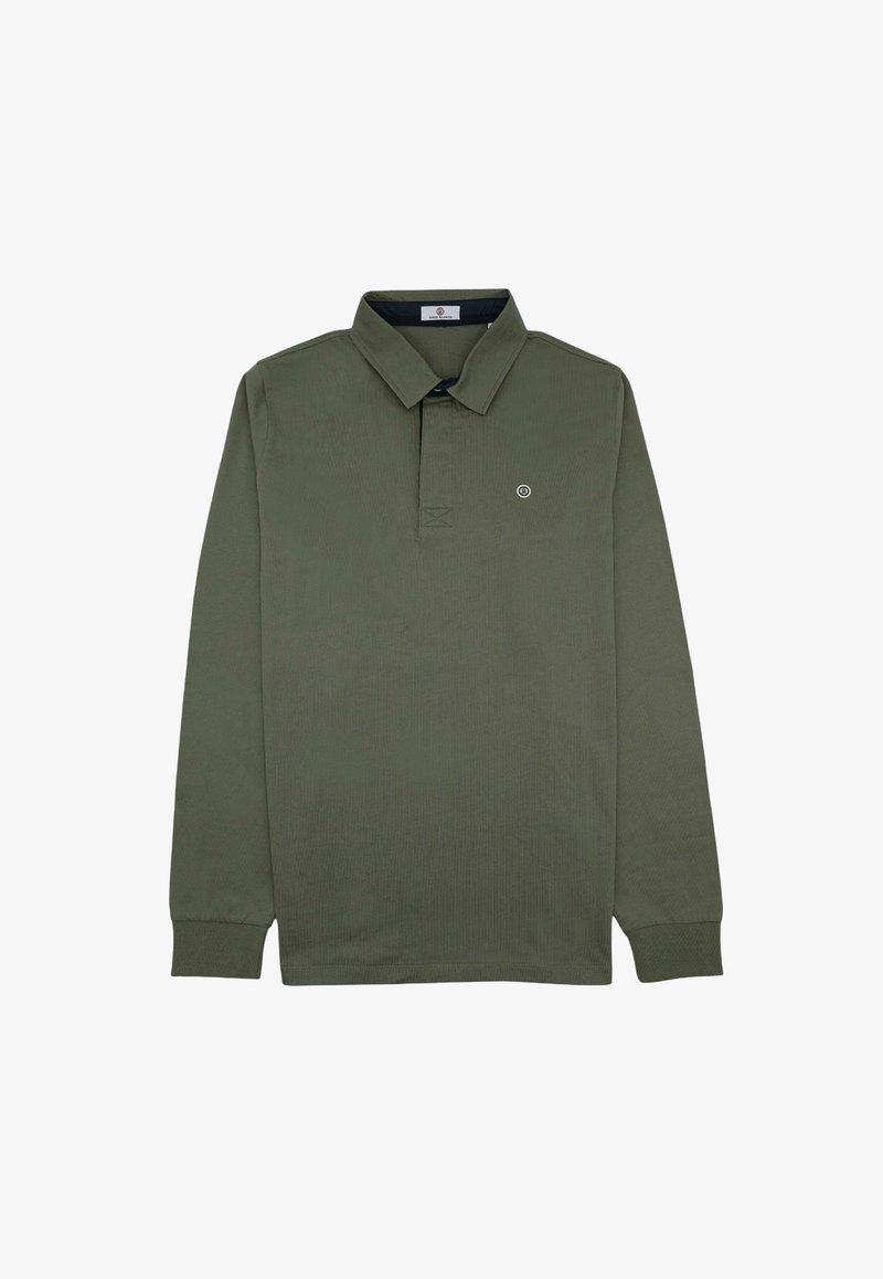 Polo à manches longues en vert olive, fabriqué en tissu texturé. Il présente un col, une patte de boutonnage à trois boutons et un petit logo brodé sur la poitrine.