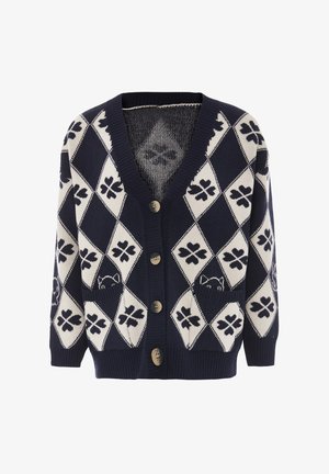 Navy- und cremefarbener Cardigan mit Rautenmuster, V-Ausschnitt, fünf Knöpfen, gerippten Bündchen und einer Fronttasche. Weicher Strickstoff.