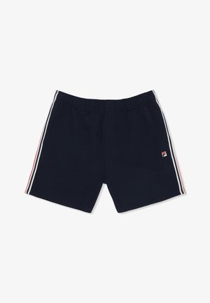 Shorts de sport bleu marine avec taille élastique, bandes latérales blanches et rouges, et petit logo FILA sur la jambe gauche.