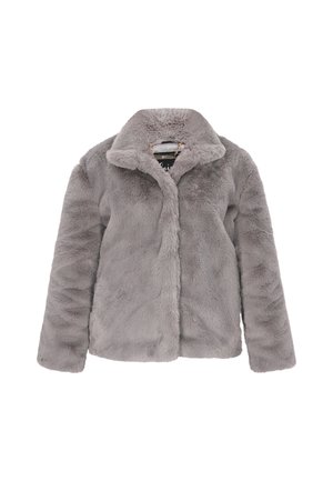 Grijze nepbontjas met een kraaghalslijn, lange mouwen en een zachte textuur. Heeft een sluiting aan de voorkant en geen zichtbare hardware.