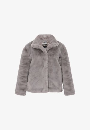 Grijze nepbontjas met een kraaghalslijn, lange mouwen en een zachte textuur. Heeft een sluiting aan de voorkant en geen zichtbare hardware.