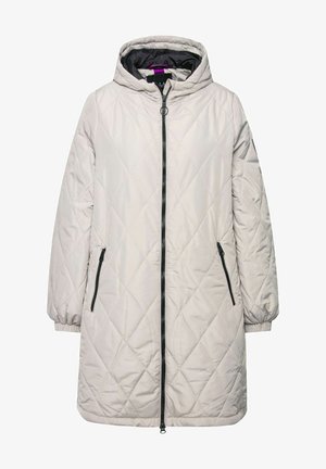 Light gray quilted parka with a hood, front zipper, and two side pockets. Features elastic cuffs and a contrasting black interior lining.