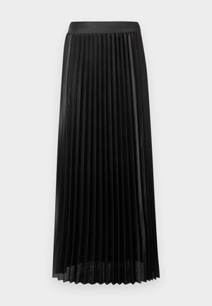 Plisseret svart skjørt med en glatt midje, laget av lett stoff. Har skarpe, vertikale plisser og et design som går til midten av leggen.