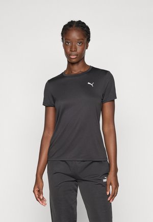 T-shirt de sport noir à manches courtes en tissu léger et lisse ; présente un petit logo Puma blanc sur la poitrine gauche.