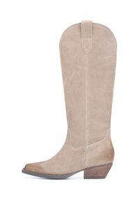 Stivale in suede beige al ginocchio con punta appuntita, tacco sottile a blocco e parte superiore arrotondata. Presenta cuciture sottili e una linguetta sul retro.