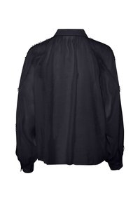 Schwarze, übergroße Bluse mit einem Kragen, geraffter Textur und Durchbrüchen entlang der Schulternähte. Lange Ärmel mit Knopfmanschetten.
