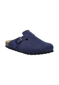 Blauwe suède klomp met verstelbare band en uitsparingen, met een zwarte rubberen zool en een natuurlijke kurken voetbed voor comfort.