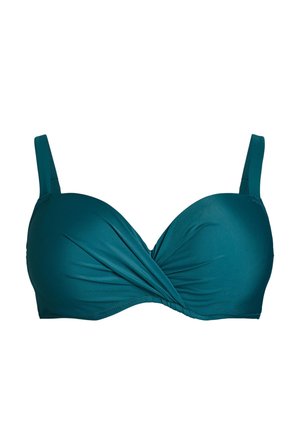 Soutien-gorge rembourré bleu sarcelle avec un design torsadé à l'avant, des bretelles réglables, et un tissu lisse et extensible pour le confort et le maintien.
