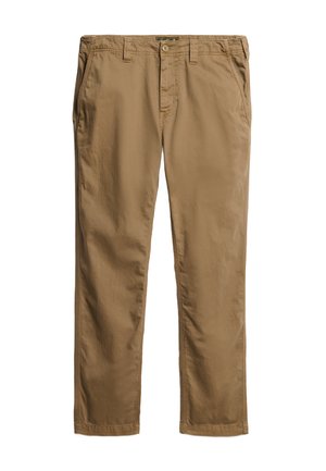 Chinos claros hechos de tejido ligero, con bolsillos delanteros, cremallera y un diseño de pierna recta. Textura suave con detalles mínimos.