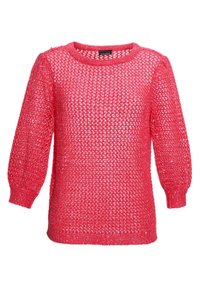Rosa gestrickter Pullover mit einer lockeren, offenen Struktur, Rundhalsausschnitt und langen Ballonärmeln mit gerippten Bündchen und Saum.