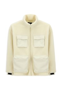 Kremowa polarowa kurtka z zamkiem z przodu, wysokim kołnierzem, dwiema kieszeniami na piersi oraz dwiema dużymi kieszeniami z przodu na zamek. Teksturowany materiał.