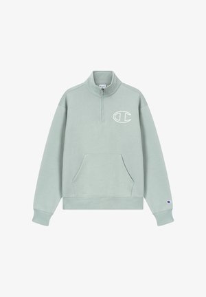 Lichtgroene sweatvest met ritssluiting, hoge kraag, grote voorzak en wit logo op de borst; voorzien van geribbelde manchetten en zoom.