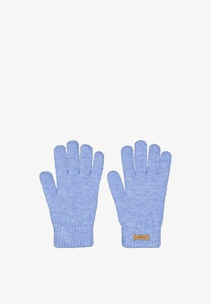 Light blue knit gloves with a ribbed cuff, featuring five individual finger openings and a small leather tag accent on the wrist.