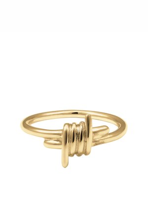 Gold ring with a minimalistic design featuring a knot detail wrapped around the smooth band.