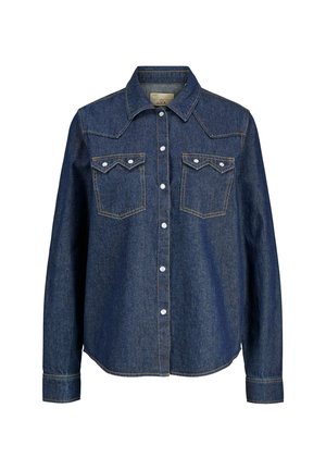 Camicia in denim blu scuro con colletto a punta, due tasche sul petto e dettagli cuciti. Dotata di chiusura a bottoni e maniche lunghe.