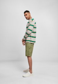 Man som står på sidan iförd grå långärmad skjorta med gröna och orangea ränder, olivgröna shorts och vita sneakers på en enhetlig bakgrund.