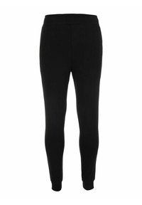 Zwarte slim-fit joggerbroek met elastische tailleband en enkelmanchetten, ontworpen voor casual draag.