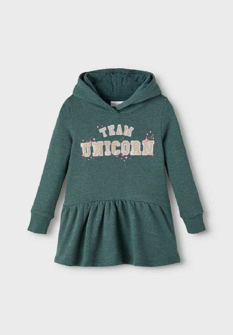Robe verte à capuche pour enfants, manches longues, avec le texte "TEAM UNICORN" décoré de paillettes roses sur la poitrine.