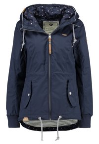 Navy blue water-resistant jacket with a hood, front zipper, drawstrings, two side pockets, and patterned lining. Made of smooth, lightweight material.