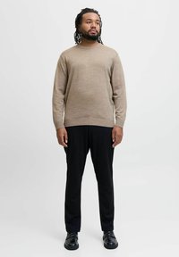 Beige långärmad tröja med ett texturerat mönster, tillsammans med svarta byxor och svarta skor. Modellen står mot en enkel vit bakgrund.