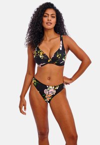 Black floral bikini set featuring a patterned bralette with adjustable straps and matching low-rise bottoms, highlighting colorful flower designs.