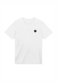 Weißes Baumwoll-T-Shirt mit rundem Halsausschnitt, kurzen Ärmeln und einem kleinen schwarzen Smileysymbol auf der linken Brustseite.