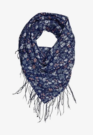 Écharpe marine à motif floral en tissu léger, présentant une forme triangulaire, des fleurs roses et blanches dispersées, et des bords fins à franges.