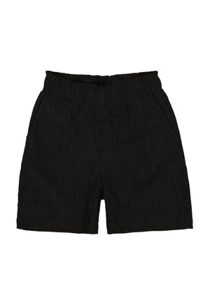 Zwarte shorts gemaakt van gestructureerde stof met een verticale streepjespatroon, voorzien van een elastische tailleband en zijzakken.