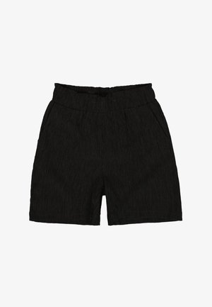 Pantalones cortos negros hechos de tela texturizada con un patrón de rayas verticales, con una cintura elástica y bolsillos laterales.