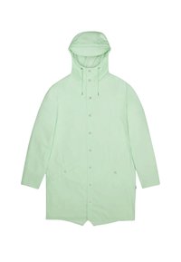 Licht mintgroene regenjas met capuchon, voorzien van drukknoopsluiting, twee voorzakken en een eenvoudige, rechte snit.