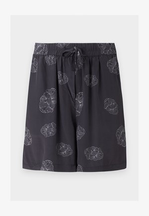 Short noir longueur genou avec taille élastique, cordon de serrage et motif de grandes fleurs gris clair.