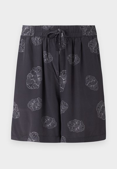 Μαύρες σορτς μέχρι το γόνατο με ελαστική μέση, κορδόνι και σχέδιο με μεγάλα ανοιχτόγκρι λουλουδένια μοτίβα.
