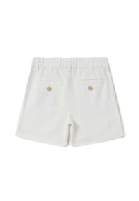Witte shorts van een lichte, zachte stof. Voorzien van een elastische tailleband, achterzakken met knoopsluitingen en een nette zoom.