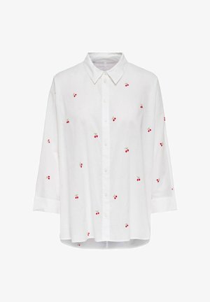 Fehér, hosszú ujjú, gombos ing klasszikus gallérral, apró piros cseresznye mintákkal a szöveten szétszórva.