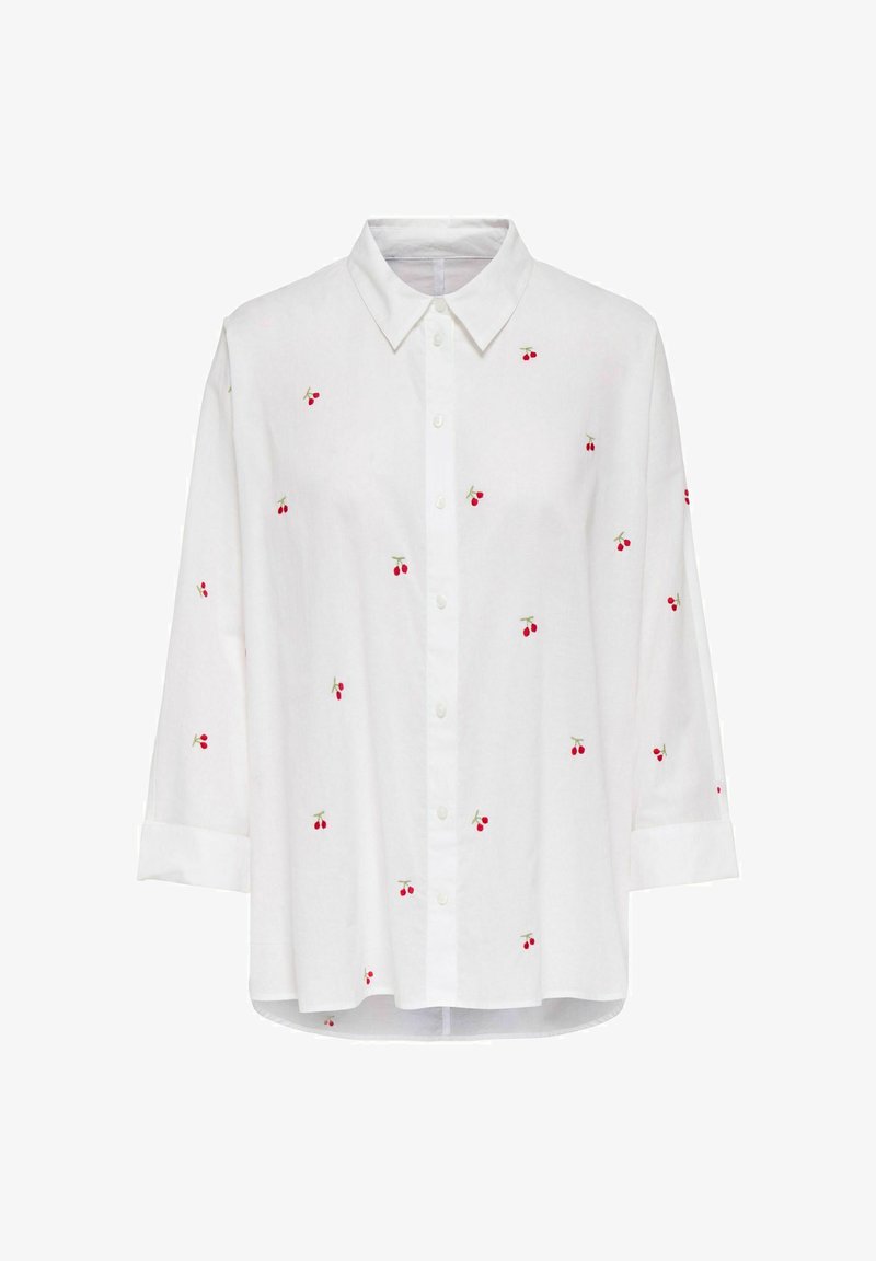 Balta garām piedurknēm krekla blūze ar klasisku apkakli, uz auduma izkaisīti mazi sarkanu ķiršu raksti.
