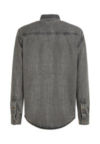 Gray denim shirt, featuring a classic collar, long sleeves, buttoned cuffs, and a curved hem with contrast stitching. Back view.