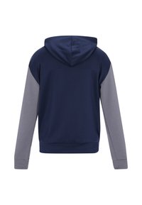 Felpa con cappuccio di colore blu navy con maniche grigie chiare, caratterizzata da una texture liscia e polsini e orlo a costine.