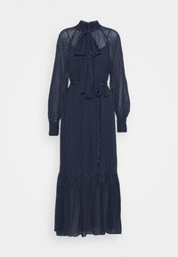 Tmavě modré šaty s dlouhými rukávy, bílé puntíky, vysoký límec, mašle, zúžený pas a řasený lem. Lehký, průsvitný materiál.