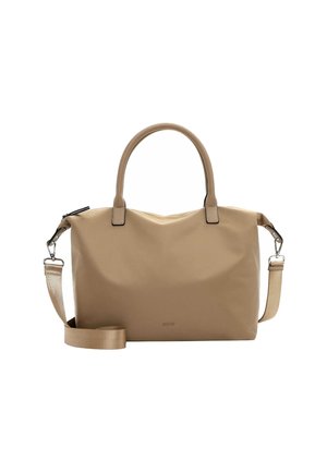 Sac à main en synthétique beige avec deux poignées supérieures, bandoulière amovible et texture lisse. Il présente un design minimaliste et un branding subtil.