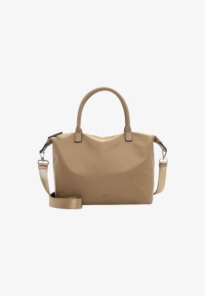 Sac à main en synthétique beige avec deux poignées supérieures, bandoulière amovible et texture lisse. Il présente un design minimaliste et un branding subtil.
