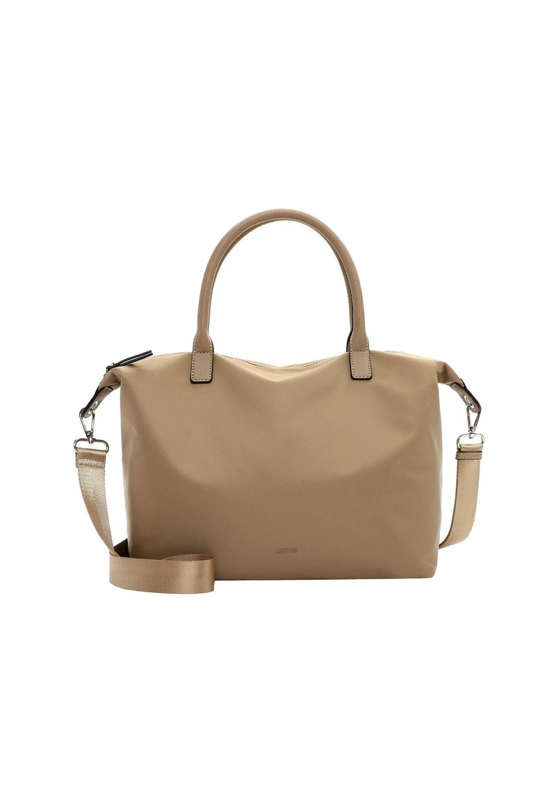 Borsa a tracolla sintetica beige con due manici superiori, tracolla rimovibile e superficie liscia. Presenta un design minimalista e un marchio discreto.