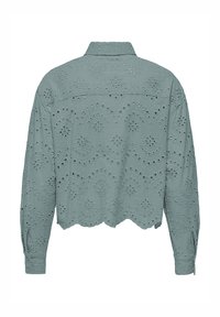 Lichtgroene cropped shirt met ingewikkelde gaatjespatronen en een gegolfde zoom. Bevat een kraag en lange mouwen met knoopsluitingen.