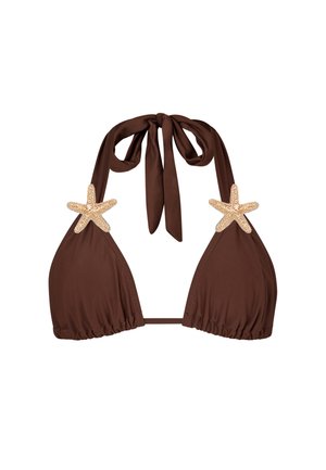 Brown bikini top with triangular cups, ruffled edges, and ties at the neck. Features two starfish accents on each cup.