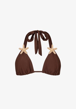 Braunfarbener Bikini-Oberteil mit dreieckigen Cups, Rüschenkanten und Bindebändern am Hals. Verfügt über je zwei Seestern-Akzente auf jedem Cup.