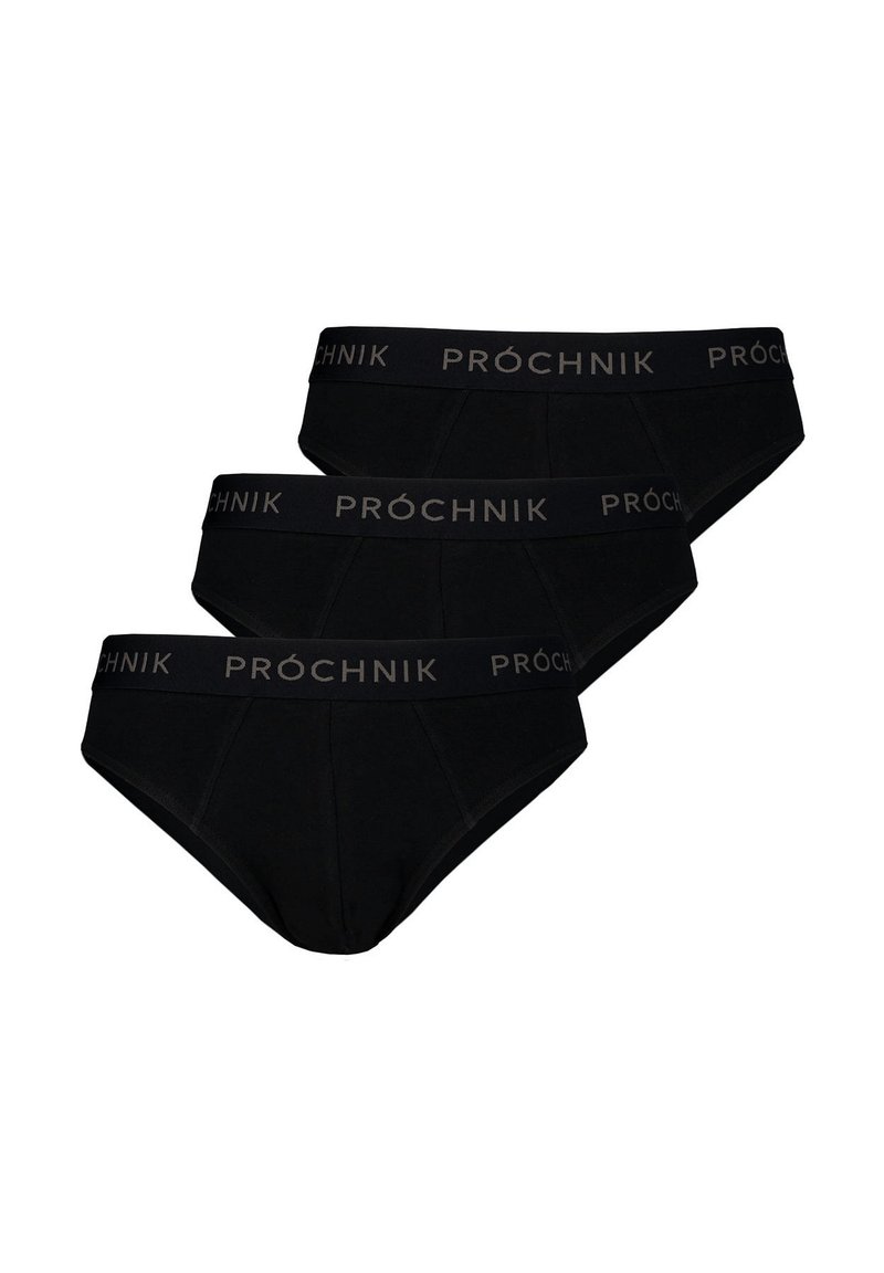 Czarne bawełniane slipy w pakiecie trzech sztuk, z szerokim paskiem z logo "PROCHNIK", gładką teksturą i klasycznym krojem.